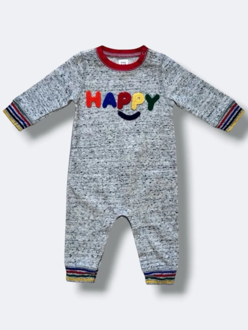 Baby Gap Knit Romper 3-6M Gray Rainbow Happy Graphic One Piece Long Sleeve - Picture 1 of 8